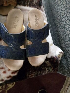 Alegria Navy Embroidered Double-Band Slide Sandals